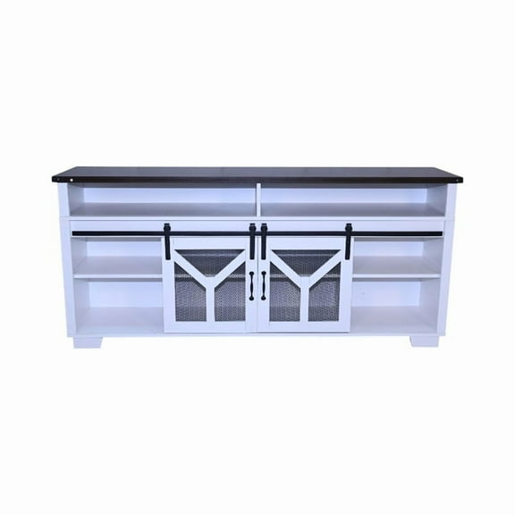 65.3" Curved TV Stand with LED Ambient Lighting & Iron Mesh Barn Doors, Y-Shaped Design, White Wood Top & Walnut Base - Supports 75" TVs