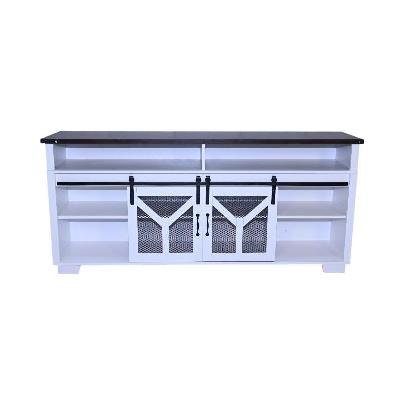 65.3 Inch TV Stand with LED Light Strips and Iron Mesh Barn Doors, Y Decorative Strip White and Black Walnut Color Farmhouse Entertainment Center for 75 Inch TV