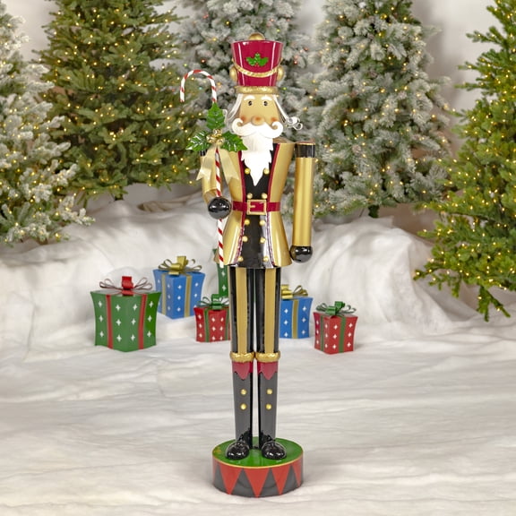 65.35" Tall Standing Iron Nutcracker in Gold with Candy Cane & LED Lights "Kane"
