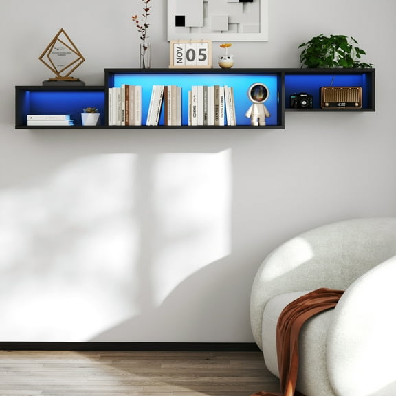 65.35in Wall Mounted Floating TV Stand with 20 Color LEDs and Charging Station