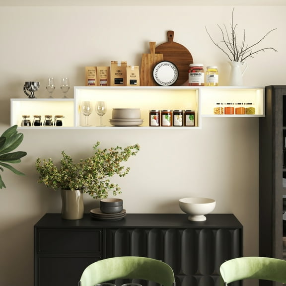 65.35in Wall Mounted Floating TV Stand with 20 Color LEDs for Modern Spaces | Space-Saving Design | Charging Station Included