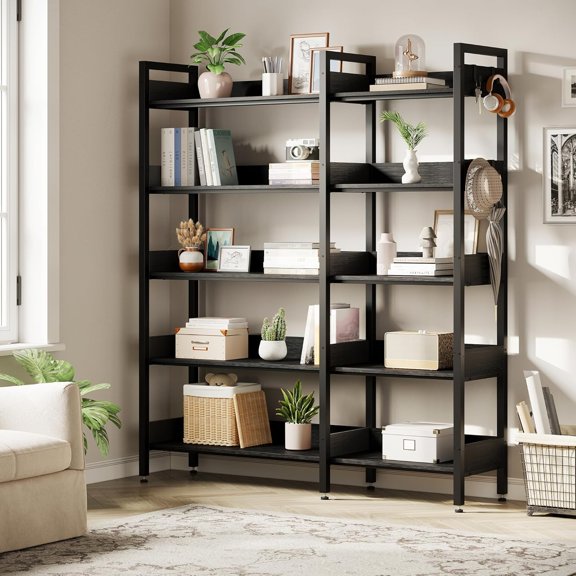 65.4 in 5-Tier Corner Bookshelves, Convertible Storage Shelf with 4 Hooks, Two Splicing Modes Retro Corner Bookcase with Storage Shelves Retaining Panel, Tall Wooden Display Shelf with Metal Frame, In