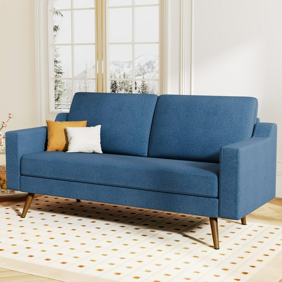 65.4" Loveseat Sofa, Comfy Blue Linen - Mid-Century Modern Small Couch with Spring Cushion, Solid Wood Frame, Tool-Free Assembly - Perfect for Living Room, Bedroom, Office