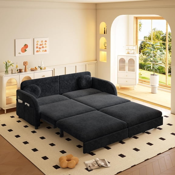 65.4'' Pull Out Couch Bed Queen Size, Chenille Sleeper Sofa Daybed, 3 in 1 Convertible Couches, Futon Sofa with 2 Pillows, Storage Pockets, USB, Loveseat for Small Spaces, Living Room, Black