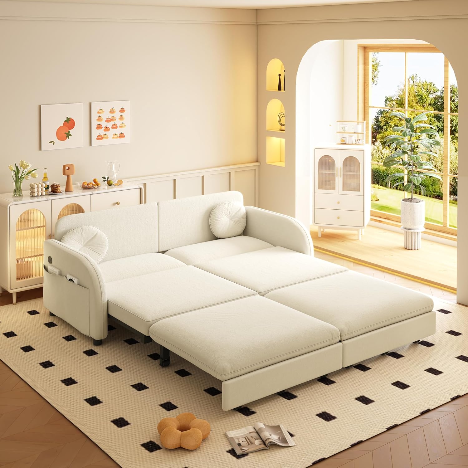 65.4'' Pull Out Couch Bed Queen Size, Chenille Sleeper Sofa Daybed, 3 in 1 Convertible Couches, Futon Sofa with 2 Pillows, Storage Pockets, USB, Loveseat for Small Spaces, Living Room, Beige