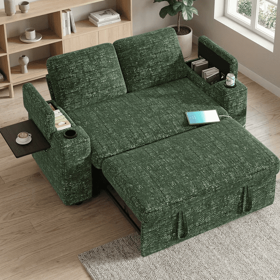 65.5" Green Loveseat Sleeper Sofa Bed with Pull-Out Couch, Adjustable Backrest, Hidden Storage, USB & Type-C Ports, Chenille
