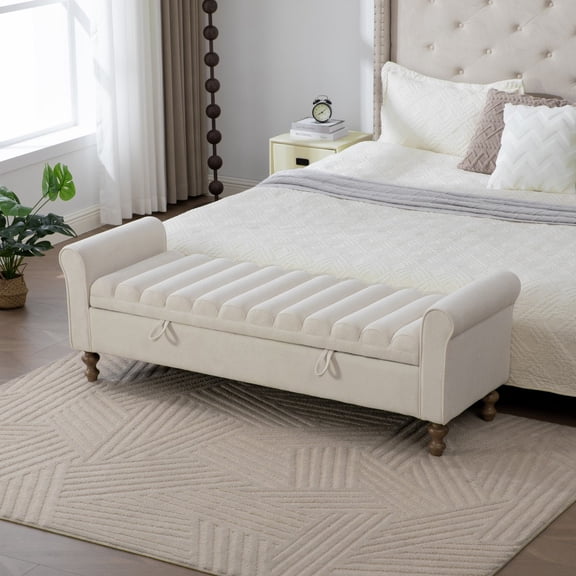 65.55" Wide Modern Upholstered Storage Bench , Napped fabric Bed End Foot Stool With Rolled Armrest, Bench Daybed With Rubberwood Legs For Living Room, Entryway, Dormitory, Bedroom, Beige