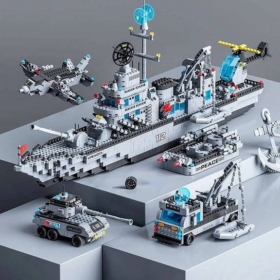 65.5CM 6 IN 1 Military Navy Ship Sets Building Blocks War Army Boat Plane Model Toys for Boys Bricks Toys Christmas Gifts