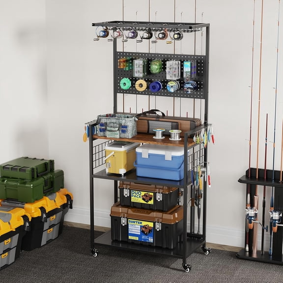 65.5IN Large Fishing Rod Holders for Garage w/Pegboard and Lockable Wheels, 4-Tier Fishing Rod Storage Rack with 12 Hooks, Reel Rack, Fishing Pole Holder for 12 Rods, Fishing Gear Stands