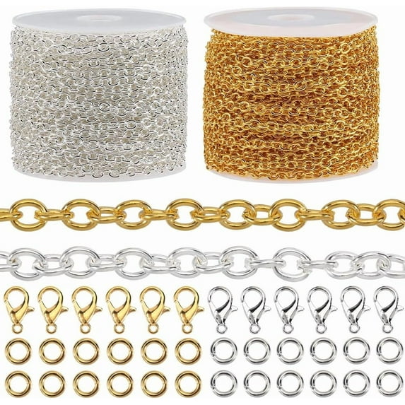 65.6 Feet/20m 4 x 3mm Gold Cable Chain Roll Jewelry Chain Kit with Jump Rings Iron Curb Metal Silver Oval Link Connector Accessories DIY