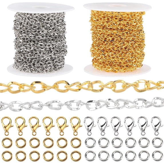 65.6 Feet/20m 5 x 4mm Gold Cuban Chain Roll Metal Curb Chain with Jump Rings Silver Twist Oval Link Spool Connector Accessories for Jewelry Making Necklaces Bracelets Supplies Crafts colorful DIY