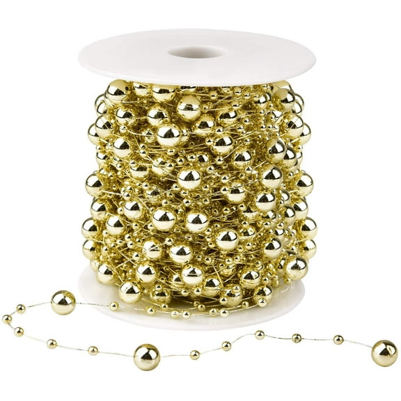 65.6 Feet Christmas Tree Beads Garland, Fishing Line Artificial Pearls Beads String Roll Chain Faux Pearl Beaded Trims for Wedding Christmas and Holiday DIY Supplies(Gold)