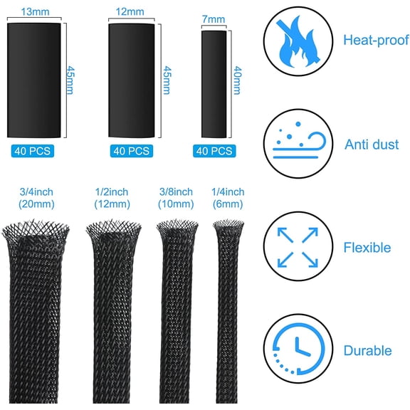 65.6 Ft Expandable Braided Cable Sleeve with 120 Heat Shrink Tubes, Multi-Size 1/4", 2/5", 1/2", 3/4" Black Wire Sleeves for TV, Audio & Computer Cables