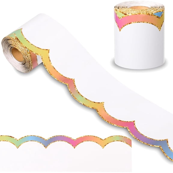65.6 Rainbow Pastel Bulletin Board Borders Glitter Scalloped Cut Bulletin Board Border Trimmers Watercolor Chalkboard Decor for Office to School Classroom (White Pastel)