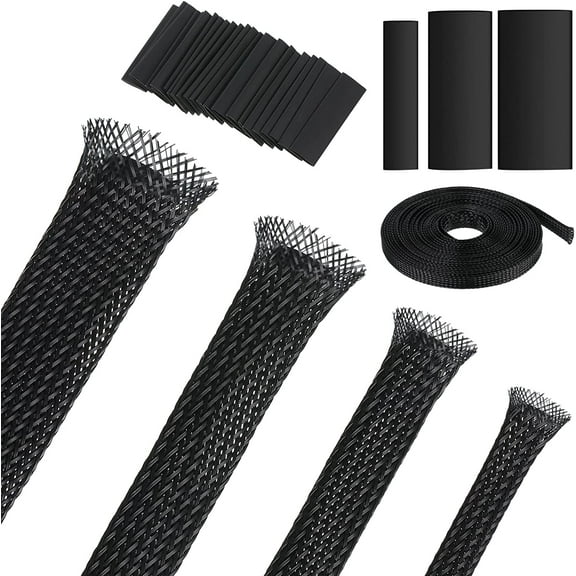 65.6 ft Expandable Braided Cable Sleeve Multi Size Braided Wire Sleeve with 120 Pcs Heat Shrink Tubing for Television Audio Computer Cables Video Pets,1/4 in,2/5 in,1/2 in,3/4 in(Black)