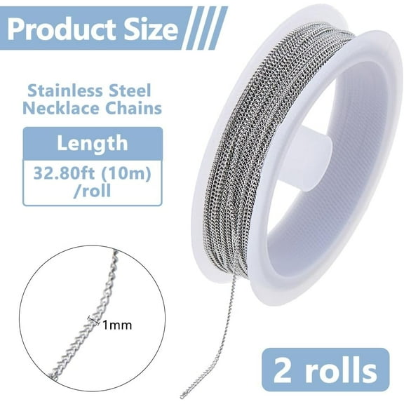 65.62 Feet/20M Stainless Steel Cable Chains 1mm Necklace Chain Soldered Link Chains Bulk Metal Bracelet Chain for Women Men DIY Crafts Jewelry Making