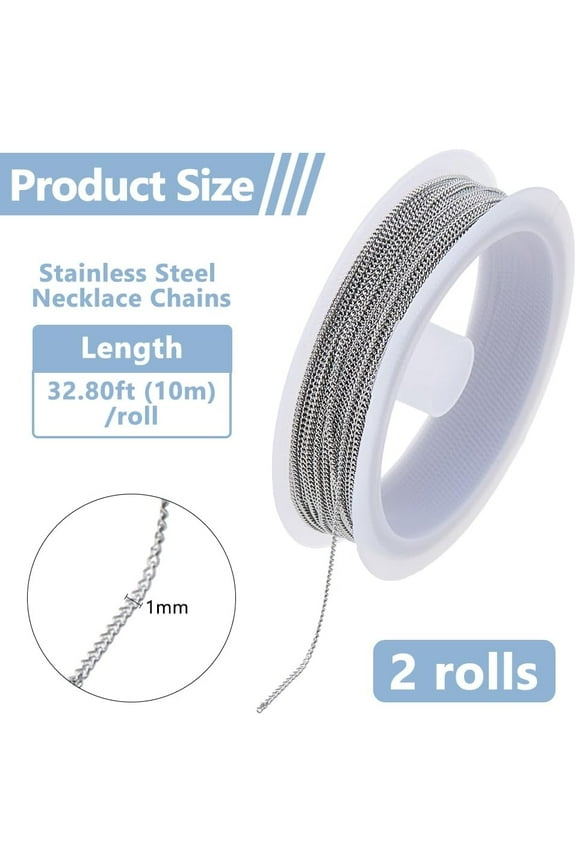 65.62 Feet/20M Stainless Steel Cable Chains 1mm Necklace Chain Soldered Link Chains Bulk Metal Bracelet Chain for Women Men DIY Crafts Jewelry Making