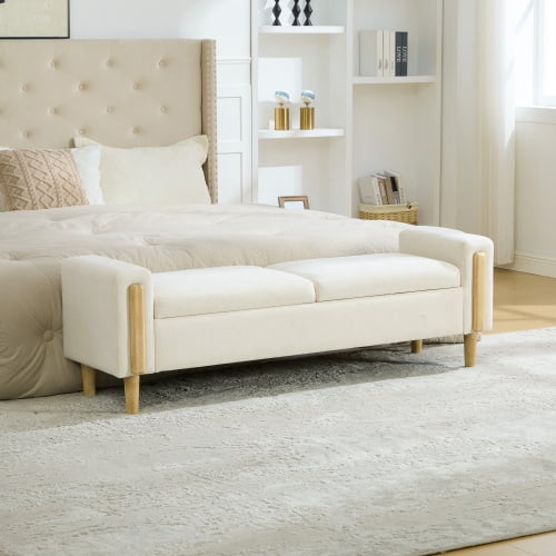 65.67" Wide Modern Upholstered Storage Bench with Double Lids and Armrest, Chenille Fabric, Rubberwood Legs, for Living Room, Entryway, Bedroom, Dormitory, Beige
