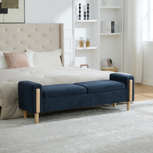 65.67" Wide Modern Upholstered Storage Bench with Double Lids and Armrest, Chenille Fabric, Rubberwood Legs, for Living Room, Entryway, Bedroom, Dormitory, Blue