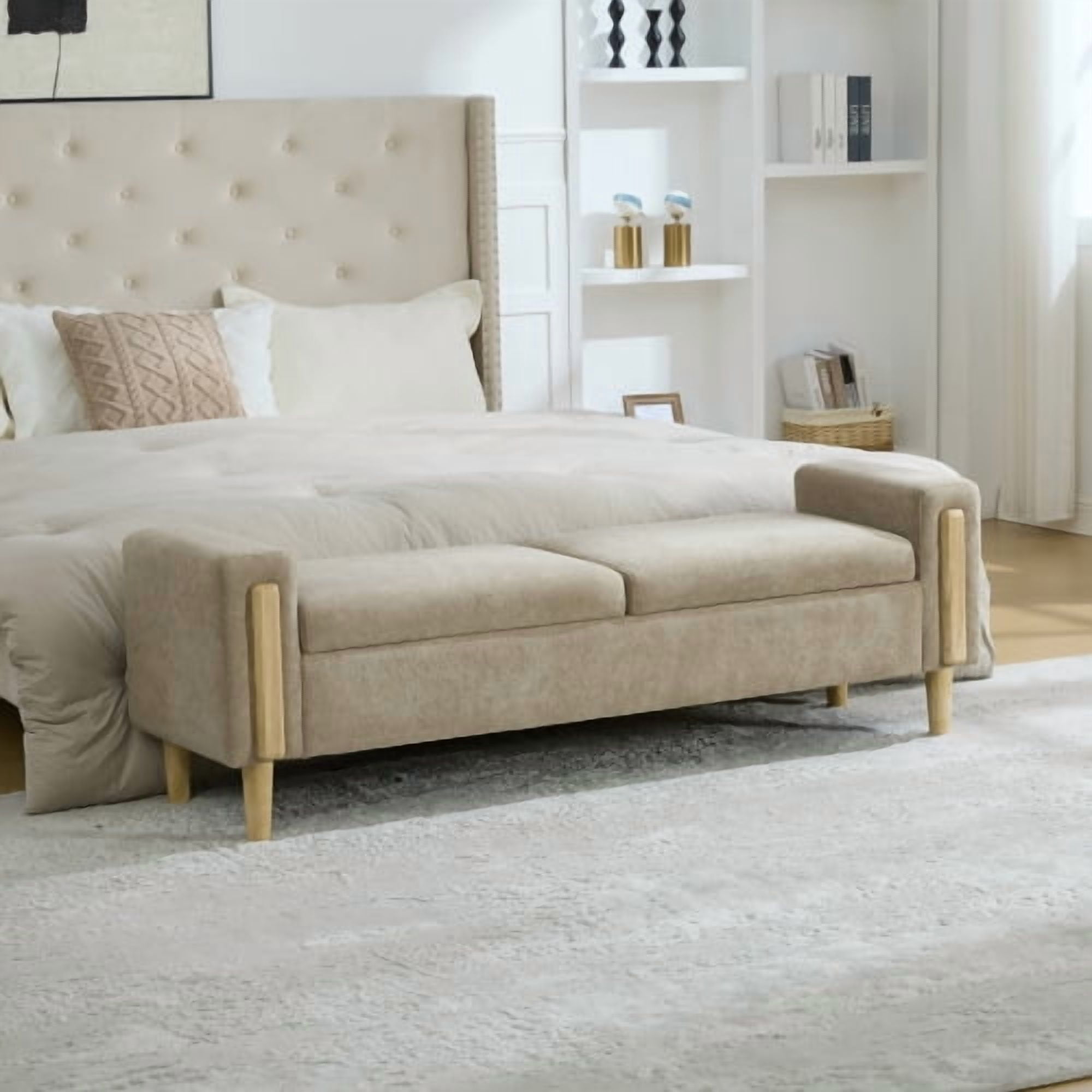 65.67" Wide Modern Upholstered Storage Bench with Double Lids and Armrest, Chenille Fabric, Rubberwood Legs, for Living Room, Entryway, Bedroom, Dormitory, Greige