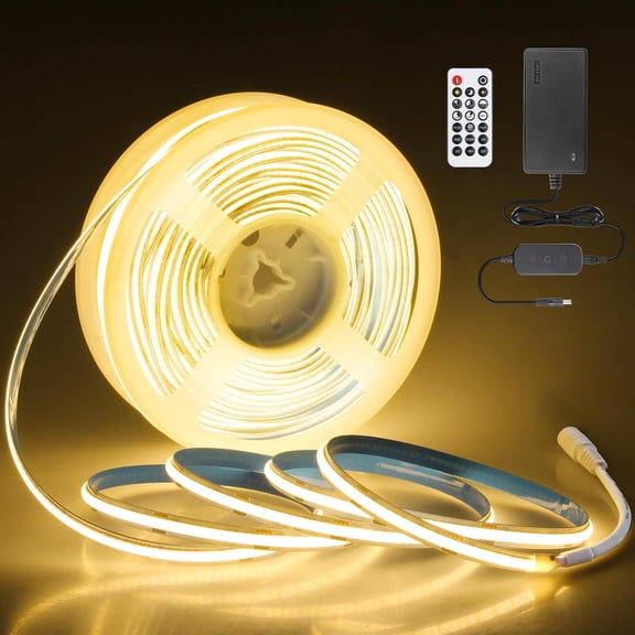 65.6FT/Roll COB Strip Lights 3000K 24V with Dam-Process Dimmable Light Strip with Remote/App CRI 90+ Warm White 480LED/M Bright Flexible Tape Light for Cabinet DIY Lighting