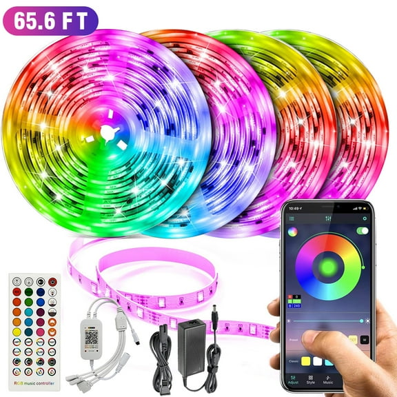 65.6ft Bluetooth LED Strip Lights with 44 Keys Remote Control Ultra-Long RGB Color Changing Rope Lights,Wireless Smart App Controlled Bedroom Lights,SMD 5050 Flexible Bright Light Strip