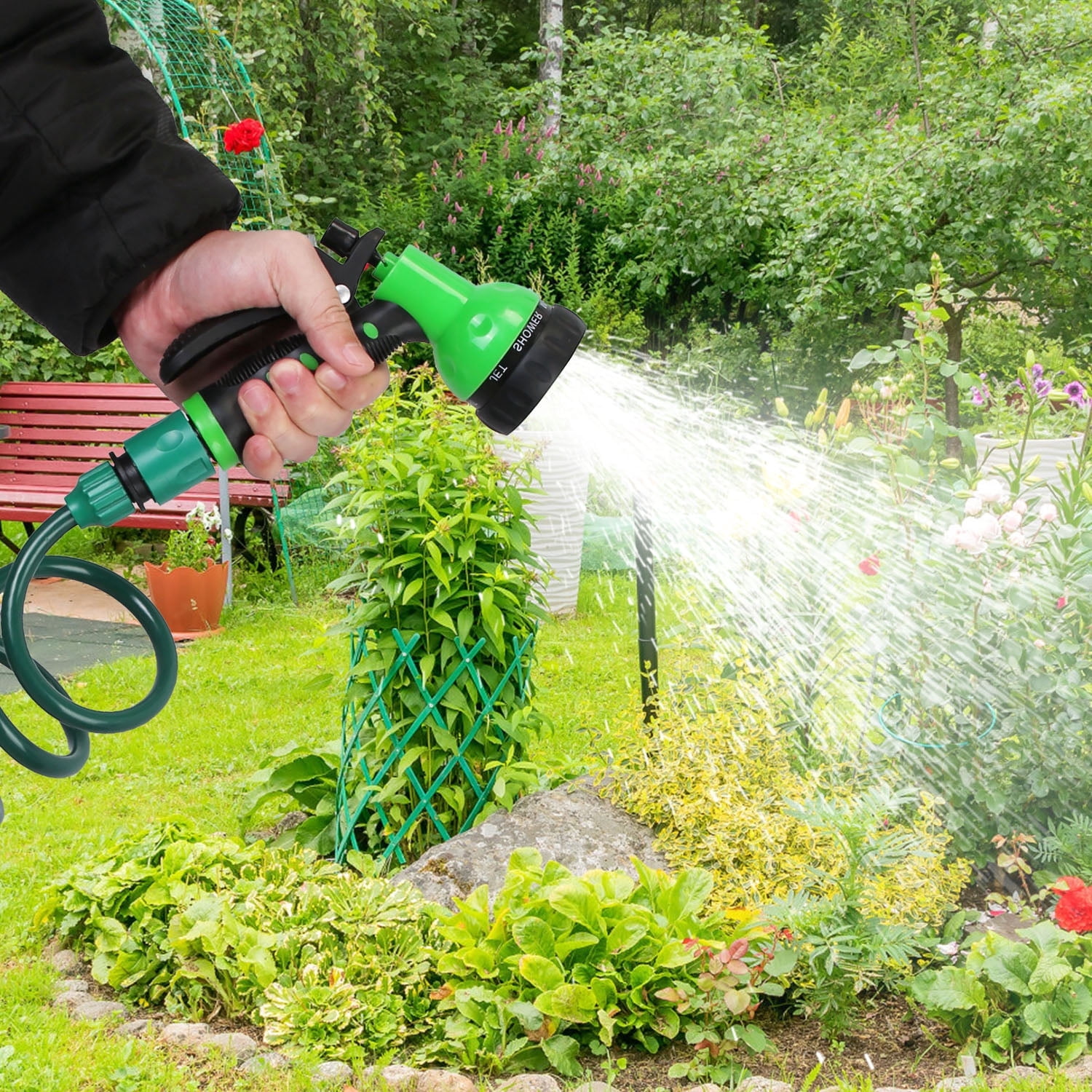 65.6ft Coil Garden Hose TeqHome EVA Flexible Coiled Water Hose with 3/4” and 1/2” Adapter 7 Spraying Modes Self-Coiling Water Hose for Boat Garden Yard Patio