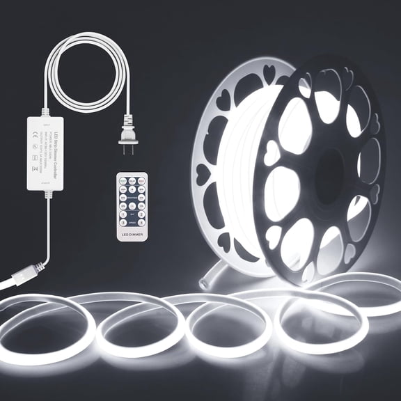 65.6ft Outdoor COB LED Strip Lights Waterproof IP67 AC 110V 120V Dimmable LED Light Strip Daylight White 6000K 5760LEDs Uniform Glow Neon Light Strip with Remote for Patio Garden Pool Decor