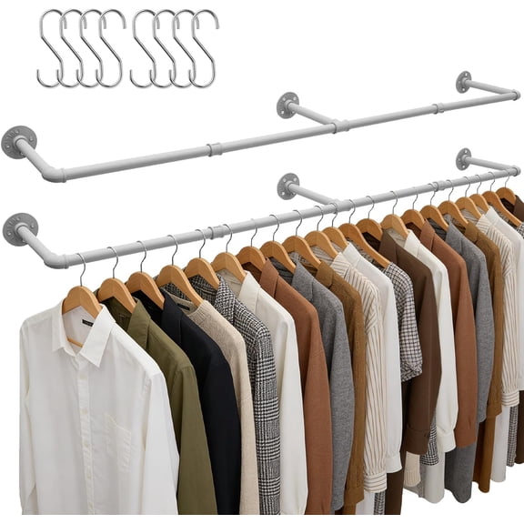 65.7 Inch Industrial Pipe Wall Mounted Clothes Rack Heavy Duty Detachable Garment Bar Rustic Space Saving Hanging Rod with 4 Hooks Silver Gray