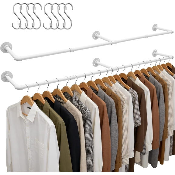 65.7 Inch Industrial Pipe Wall Mounted Clothes Rack Heavy Duty Detachable Iron Garment Bar Rustic Space Saving Hanging Rod with 4 Hooks White