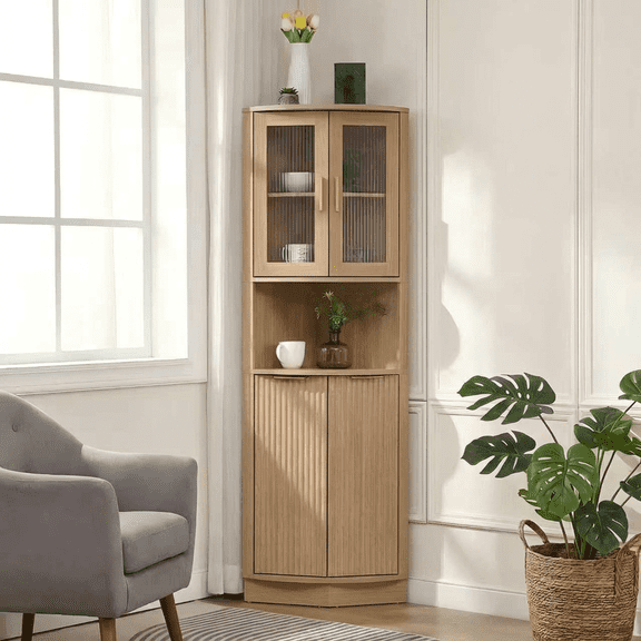 65.7'' Tall Corner Cabinet with Spacious Storage, Corner Storage Cabinet,Corner Liquor Cabinet for Bathroom, Living Room & Kitchen, Natural