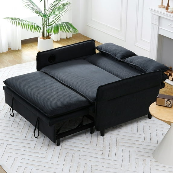 65.74-Inch Adjustable Sofa Bed With Letter Striped Fabric For Living Room And Bedroom Multi-Functional Pull-Out Couch With Armrest Storage
