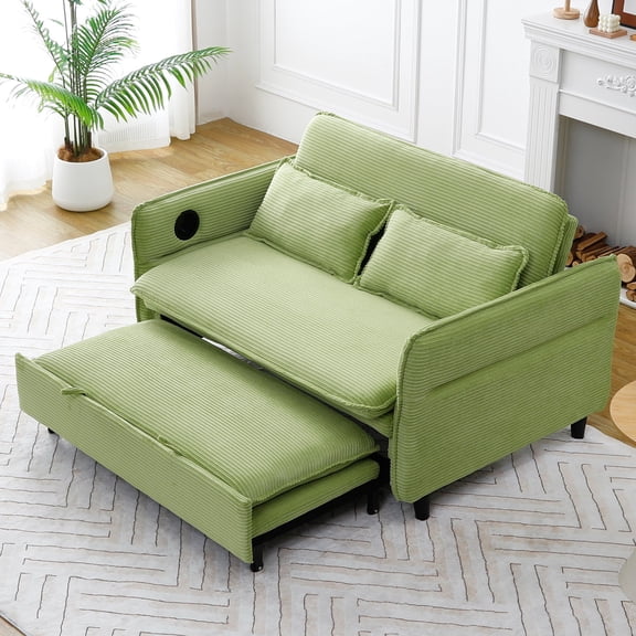 65.74-Inch Beige Letter Striped Fabric Multi-Functional Sofa Bed, Suitable for Bedrooms and Living Rooms The Armrests and Backrests Are Adjustable (Green)