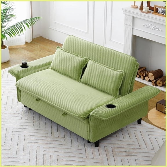 65.74-Inch Lettered Stripe Polyester Sofa Bed with Adjustable Backrest & Armrests - Green, Ideal for Living Rooms & Bedrooms