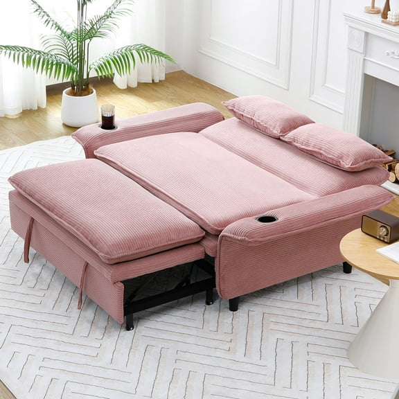 65.74-inch Pink Letter Striped Fabric Multi-functional Sofa Bed, Adjustable Armrests & Backrests
