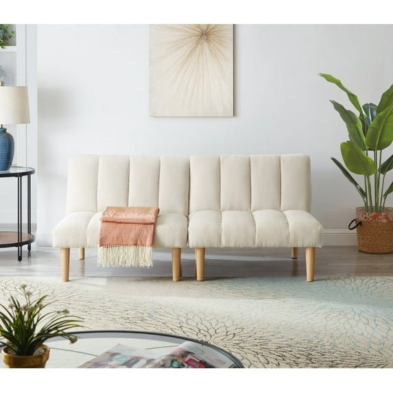 65.75" Futon Sofa Bed, Modern Convertible Sleeper Sofa Couch with Adjustable Backrest, Comfy Tufted Twin Size Loveseat Sofa with Solid Wood Legs for Living Room Bedroom Apartment, White