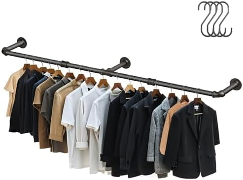 65.7in Industrial Pipe Wall Mounted Clothes Rack, Heavy Duty Detachable ...
