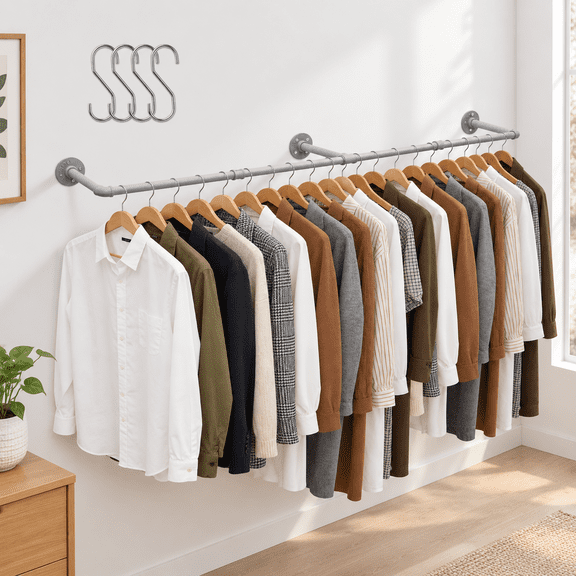 65.7in Industrial Pipe Wall Mounted Clothes Rack Heavy Duty Detachable Iron Garment Bar Rustic Space-saving Hanging Rod For Bedro