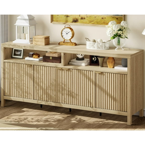 65.8" Fluted Buffet Sideboard Cabinet with 4 Doors, Large Kitchen Sideboard Buffet Console Wine Bar Coffee Bar Wood Credenza Mid Century Modern Storage Cabinet for Living Room Dining Room Entryway