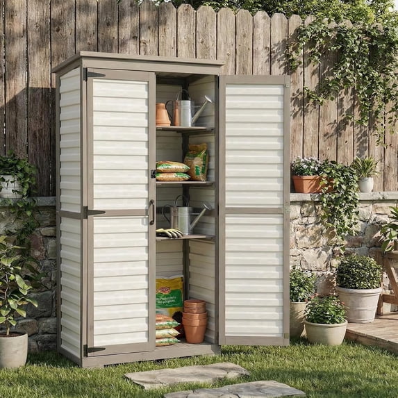65.8" Outdoor Storage Cabinet with 3 Adjustable Shelves, Waterproof Wooden Garden Tool Shed with Lockable Doors for Patio and Backyard