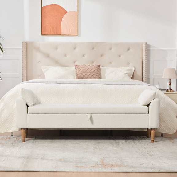 65.94" Wide Modern Upholstered Boucle fabric Storage Bench, Bed End Foot Stool With Armrest&2 Bolster Pillows, Bench Daybed With Rubberwood Legs For Living Room, Entryway, Dormitory, Bedroom, Ivory