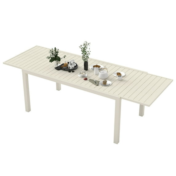 65"-97" Extentable Outdoor Dining Table, Aluminum Patio Dinner Collapsible Table for 8-10 Person, Rectangular Patio Extender Table for Garden, Backyard, White