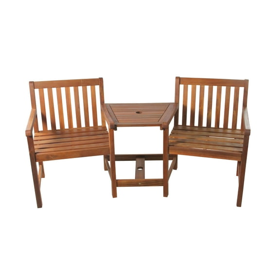 65" Acacia Wood Jack and Jill Chair with Table Outdoor Patio Set