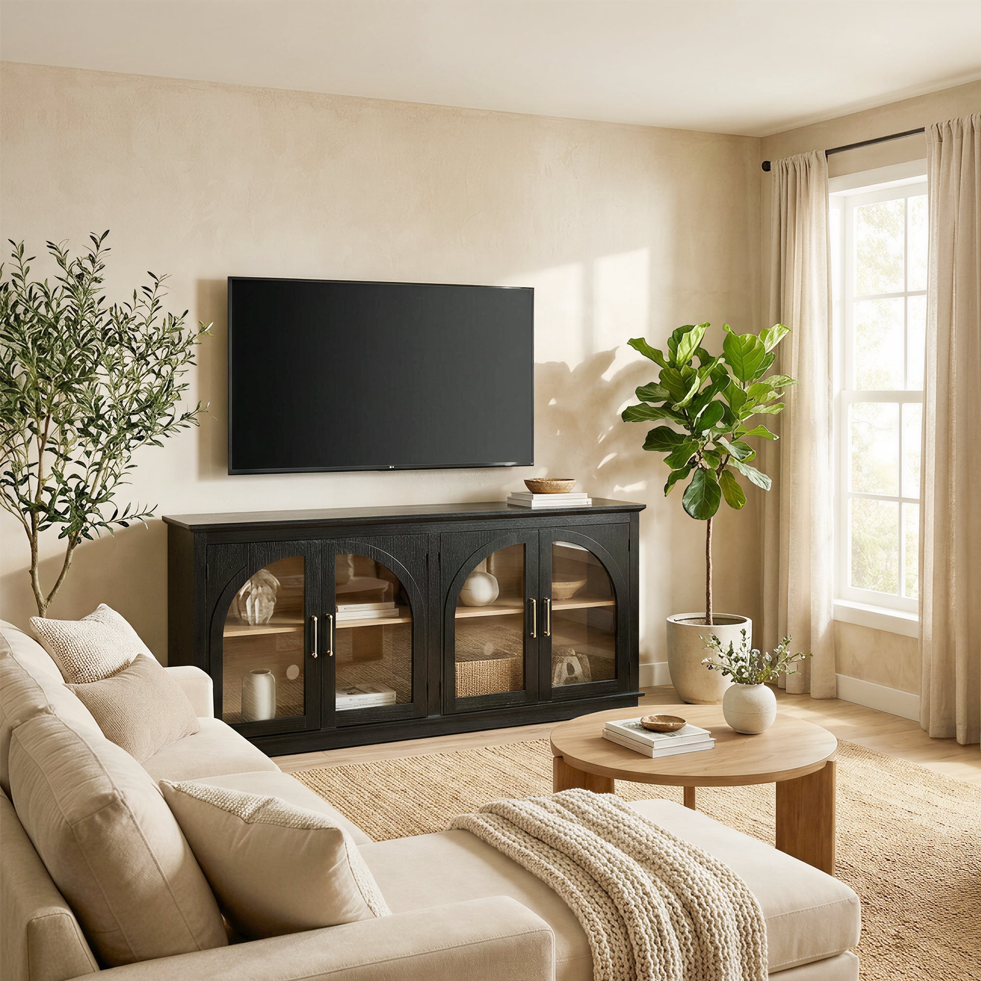 65" Arched TV Stand with Adjustable Shelves,Accent Buffet & Sideboard With Glass Door, Black