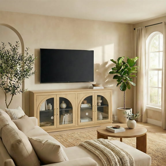 65" Arched TV Stand with Adjustable Shelves,Accent Buffet & Sideboard With Glass Door, Natural Color