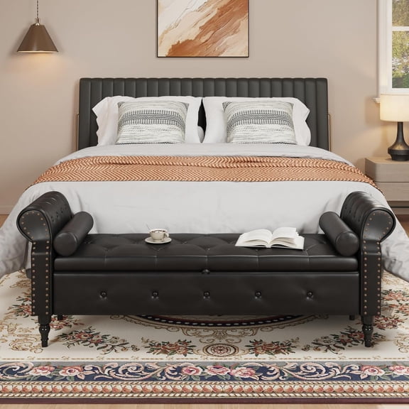 65" Bedroom Bench with Storage, Faux Leather Bed Benches with Tufted Buttons, Large Window Upholstered Storage Bench with Rolled Arms and Nailhead Trim for King Size End of Bed, Entryway, Black