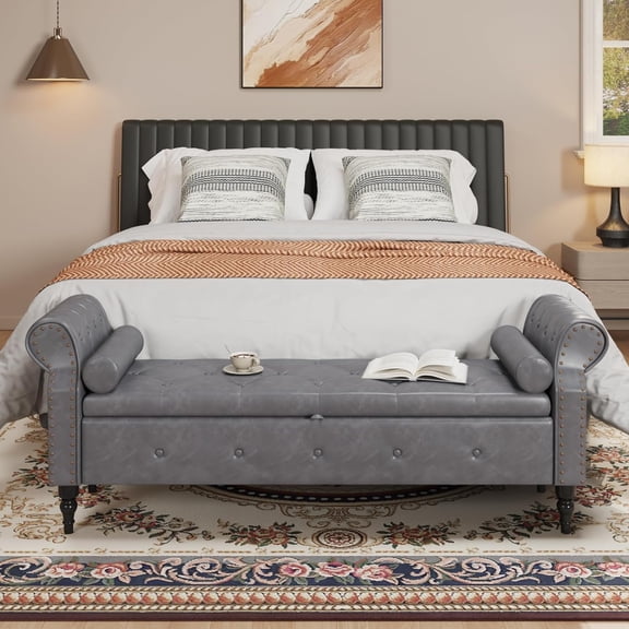 65" Bedroom Bench with Storage, Faux Leather Bed Benches with Tufted Buttons and Nailhead Trim, Large Upholstered Window Storage Bench with Rolled Arms for King Size End of Bed, Entryway, Grey