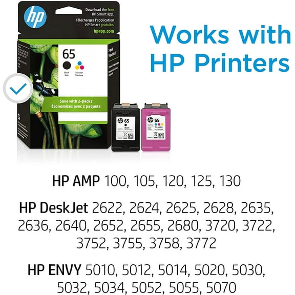 65 Black/Tri-Color Ink Cartridges (2-Pack) | Works with 100, DeskJet 2600, 3700, Envy 5000 | Eligible for Ink | T0A36AN