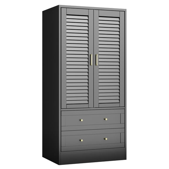 65" Black Wood Armoire Wardrobe Closet with 2 Shutter Doors, 2 Drawers, Magnetic Closure & Metal Slides – Modern Tall Storage Cabinet for Bedroom, Living Room or Nursery