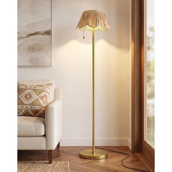 65" Boho Floor Lamps for Living Room, Rattan Floor Lamp, Pull Chain Switch, Gold Standing Lamp with Hand-Woven Shade, Farmhouse Tall Lamps for Nursery, Metal Base&Pole, Bulb not Included, Gold
